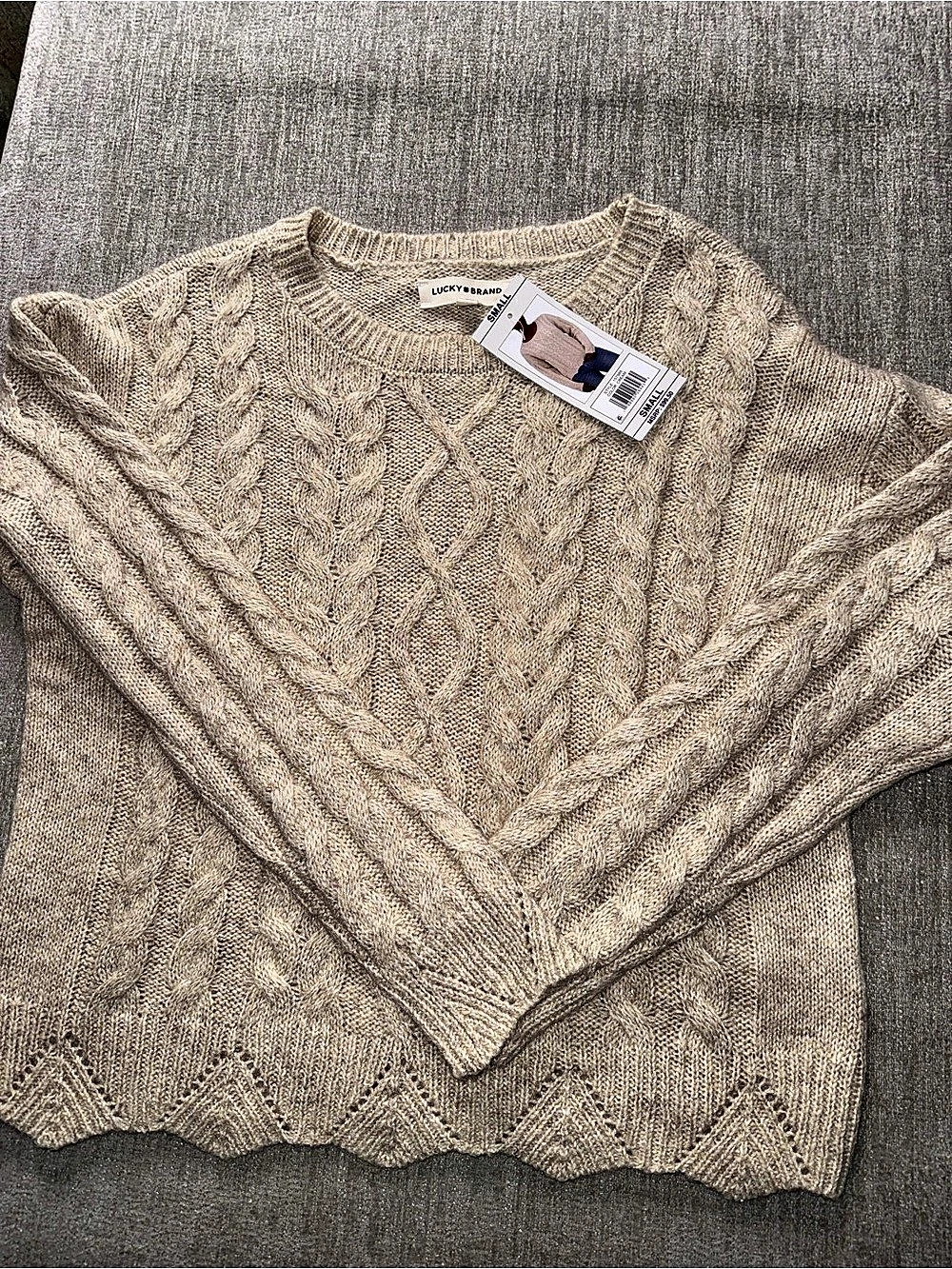 Lucky Brand Lurex Cable Crew Sweater Beige Small